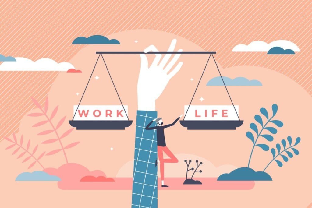 ilustração de mão segurando balança com peso de "work" e "life"