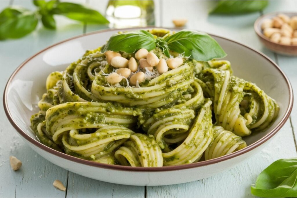 O macarrão tipo espaguete combina com molhos mais leves, como o pesto (Imagem: SYED IBAD RM | Shutterstock)