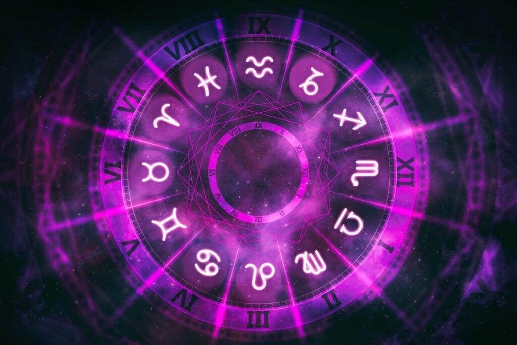 mandala em tons de roxo com os símbolos dos 12 signos