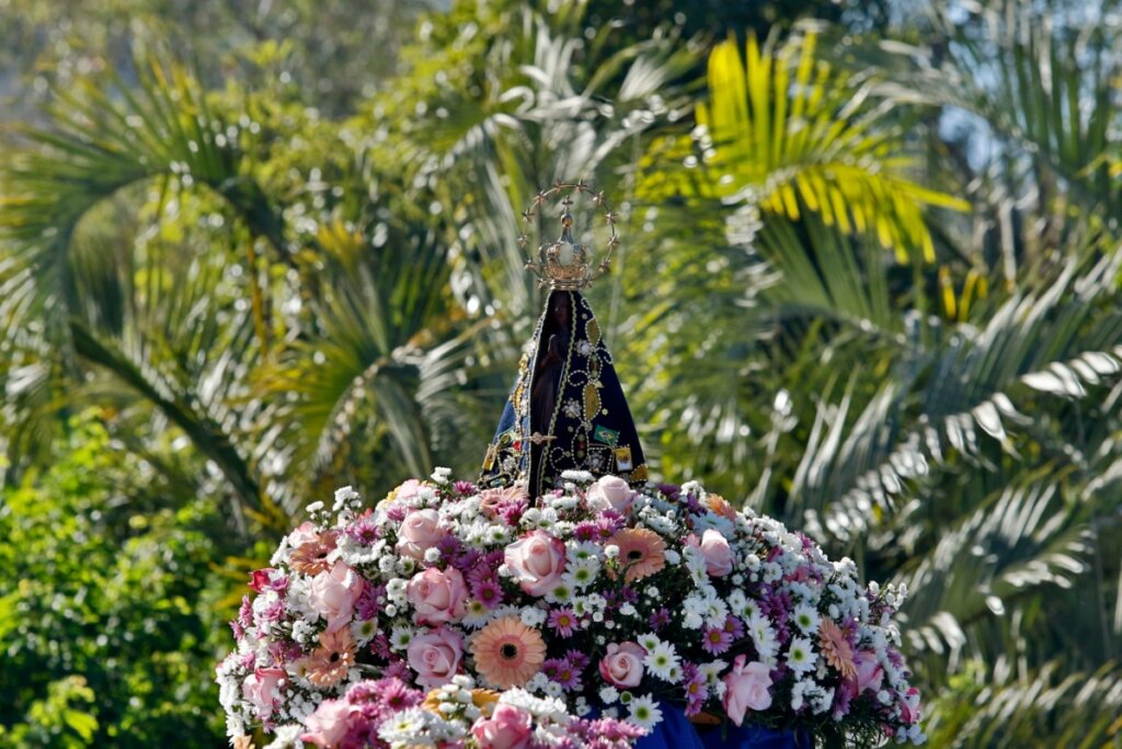 Imagem de Nossa Senhora Aparecida em andor de flores em procissão