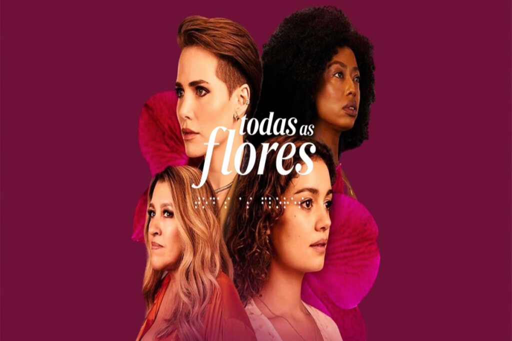 imagem com rosto de quatro atrizes da novela "Todas as Flores"