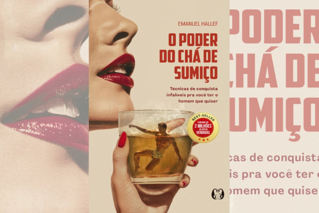 capa do livro The Power of Vanishing Tea com a boca vermelha de uma mulher e um homem dentro de uma xícara