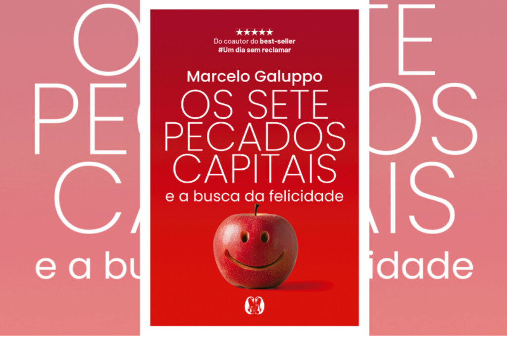 capa do livro "Os sete pecados capitais e a busca pela felicidade" em vermelho, letras em branco e imagem de maçã sorrindo