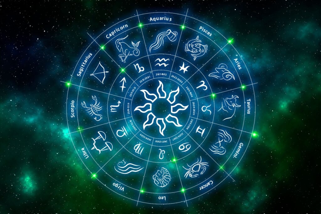 Círculo com símbolos dos 12 signos do zodíaco em fundo estrelado com tons de azul e verde