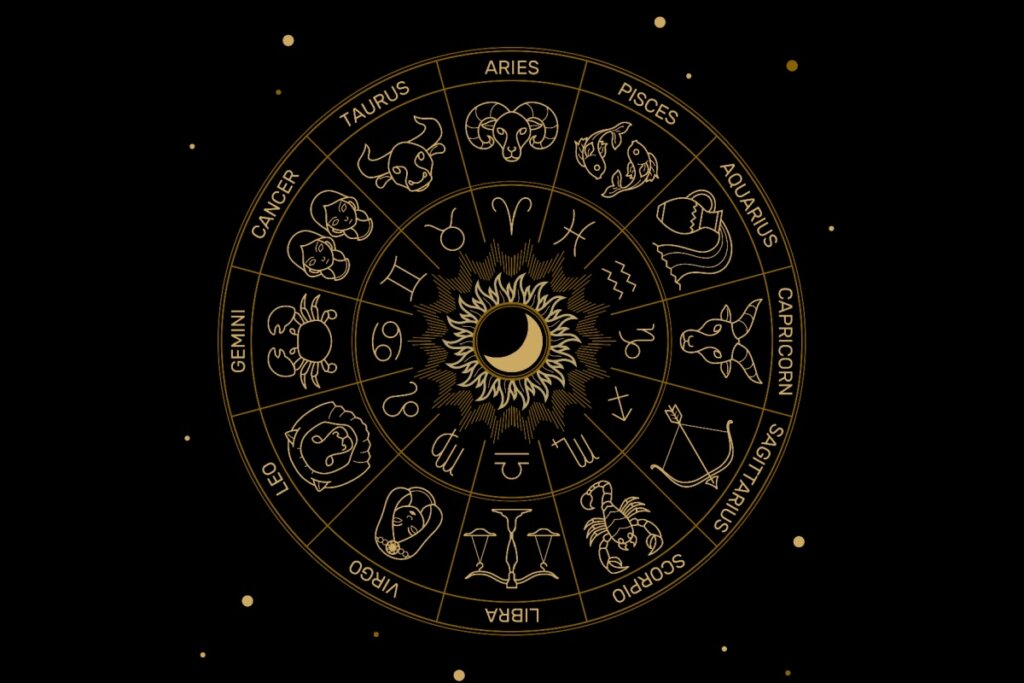 Círculo dourado com os 12 signos do zodíaco