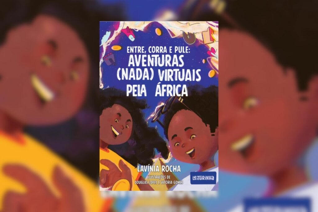 Capa do livro "Aventuras nada virtuais pela África" com a ilustração de uma menina e um menino sorrindo