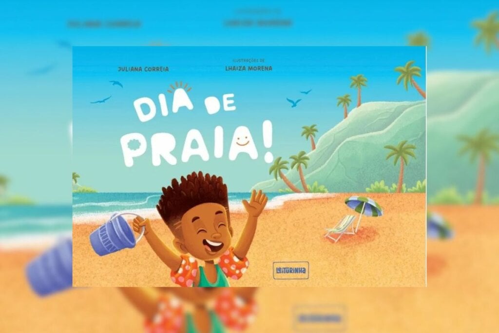 Capa do livro "Dia de Praia" com a ilustração de um menino brincando na praia 