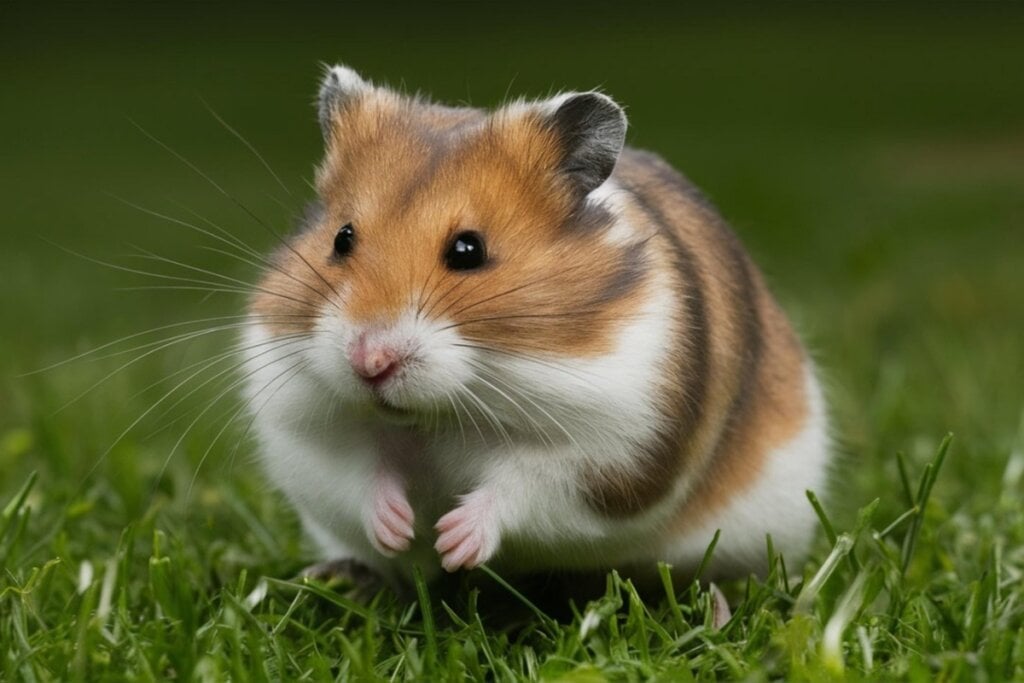 Hamster com pelagem preta, branca e marrom em um gramado