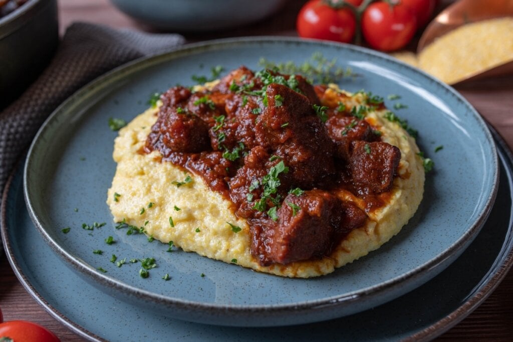 Prato azul com polenta e carne cozida com molho