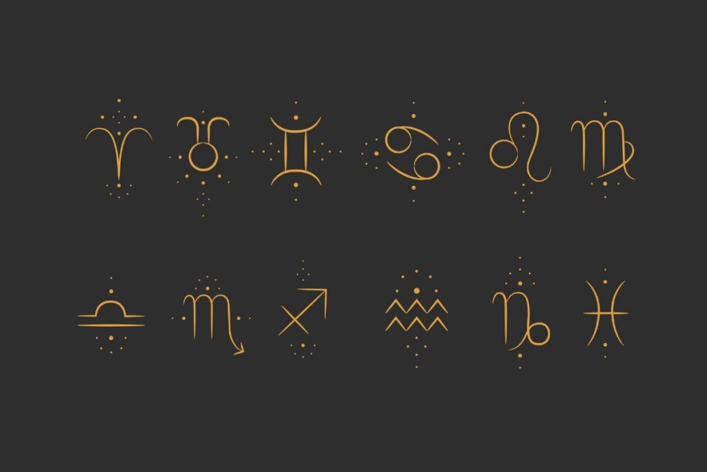 Ilustração dos doze signos doze signos do zodíaco em dourado com estrela em um fundo marrom-escuro