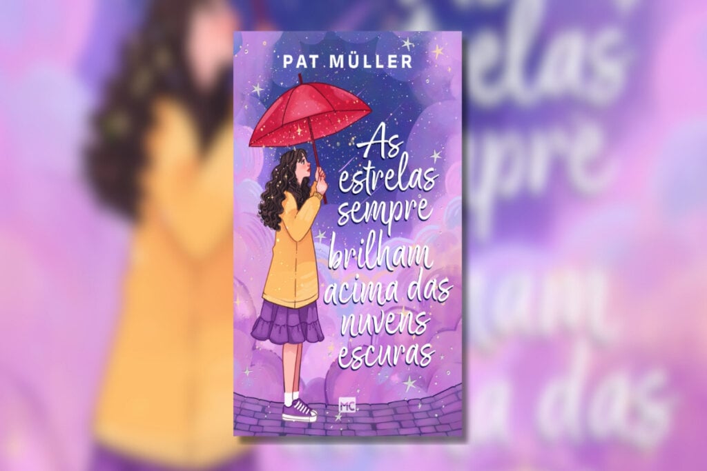 Capa de livro na cor roxa com ilustração de uma menina usando um guarda-chuva vermelho e uma blusa amarela e uma saia roxa