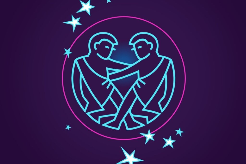 Ilustração do signo de gêmeos em azul neon dentro de um círculo rosa e com estrelas ao redor em um fundo roxo
