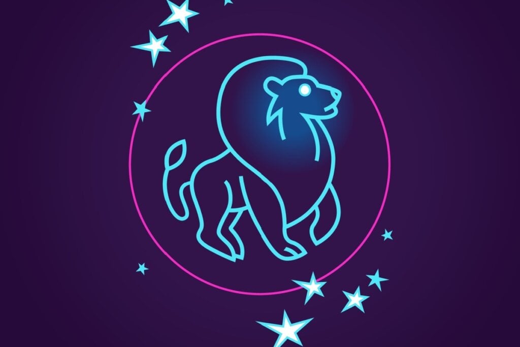 Ilustração do signo de leão em azul neon dentro de um círculo rosa e com estrelas ao redor em um fundo roxo
