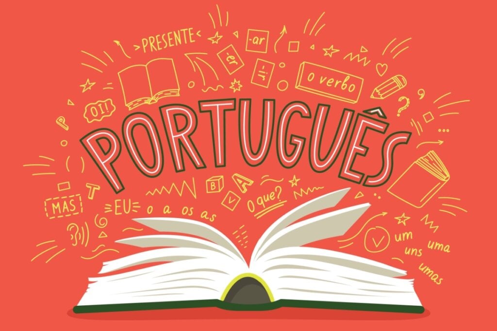 Ilustração de livro aberto e símbolos que representam gramática, vocabulário e elementos linguísticos