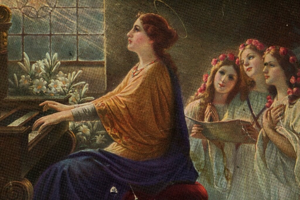 Ilustração de Santa Cecília tocando, cercada por anjos cantores em um ambiente sereno e iluminado