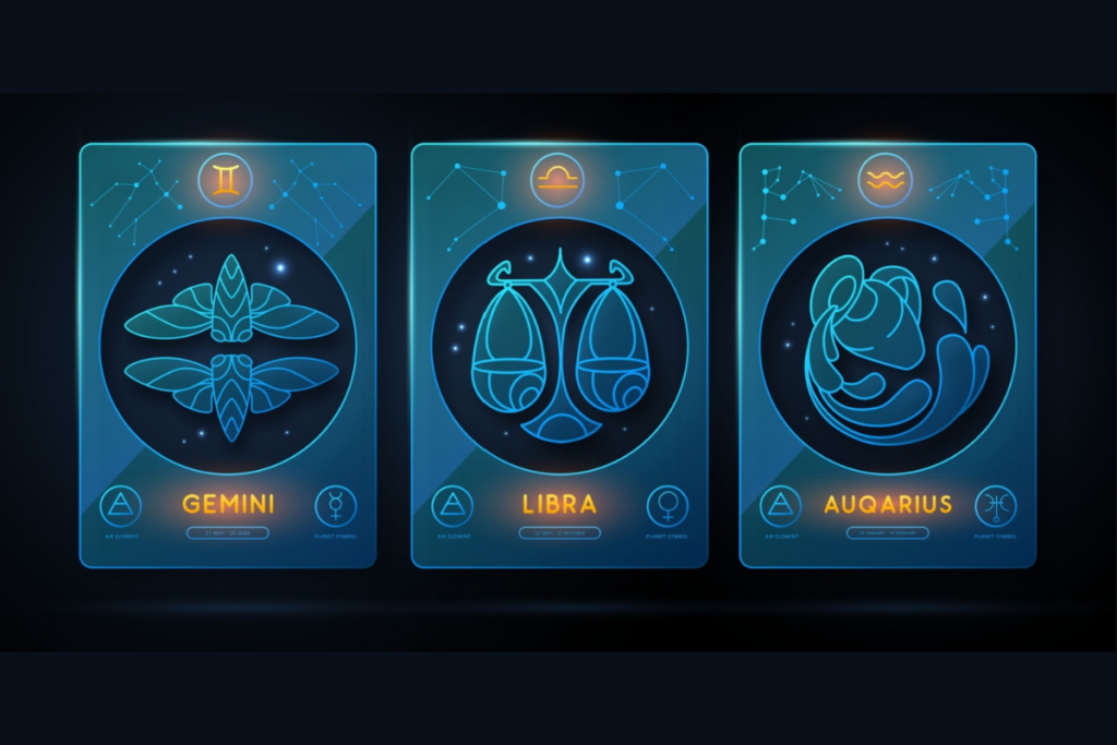 Símbolos dos signos de ar em azul e laranja em fundo escuro 