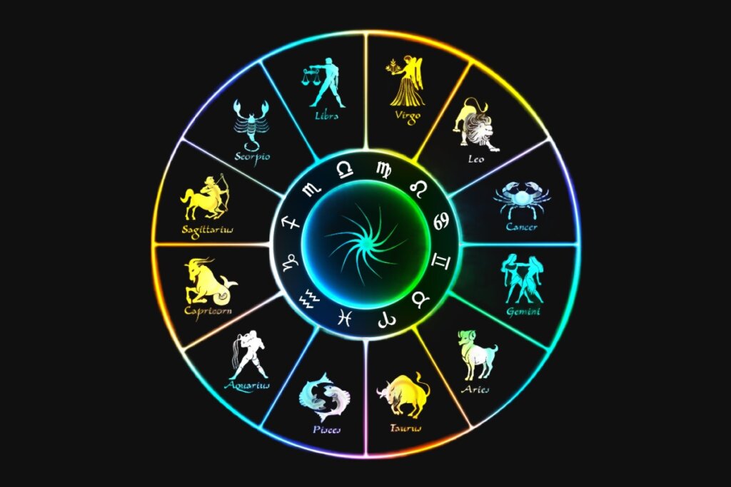 Círculo colorido com os 12 signos do zodíaco