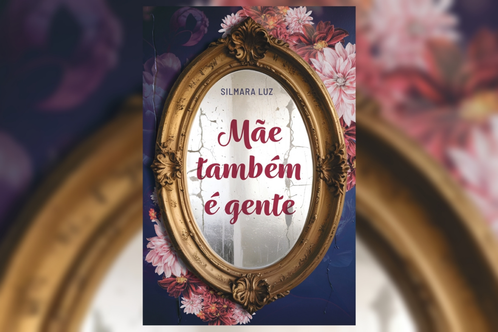 Capa de livro em tons de roxo com flores e uma moldura onde está o título e o nome do autor do livro 