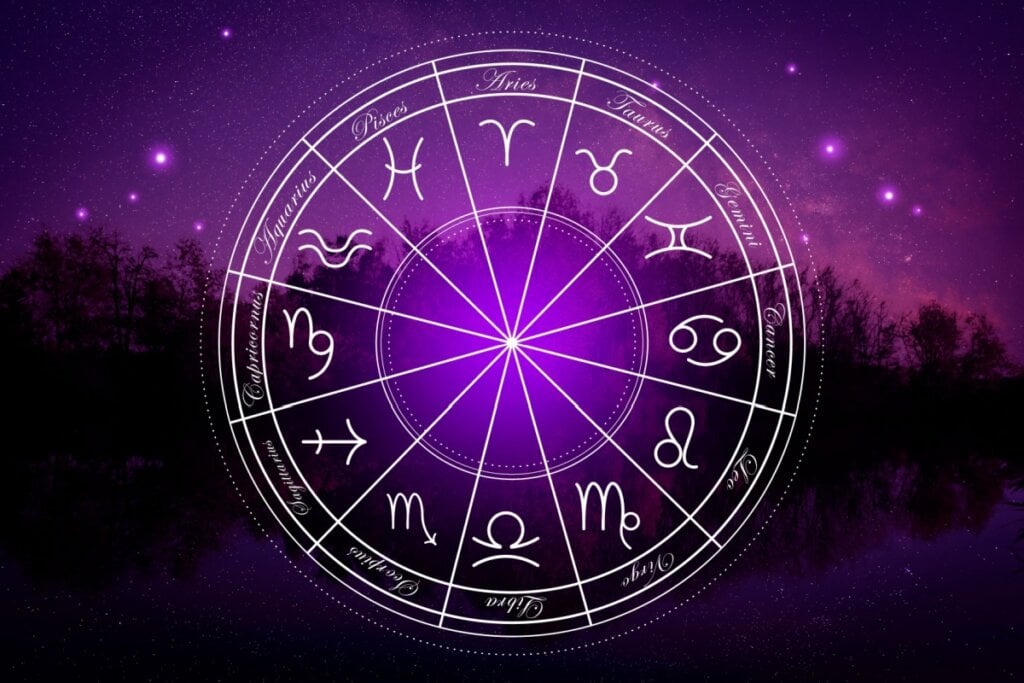 Círculo com os 12 signos do zodíaco em um fundo roxo estrelado