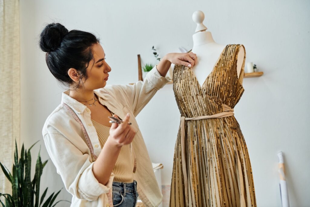 Mulher concentrada ajustando um vestido dourado em um manequim, segurando uma tesoura