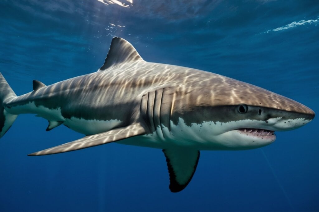 Imagem de tubarão-branco em mar azul