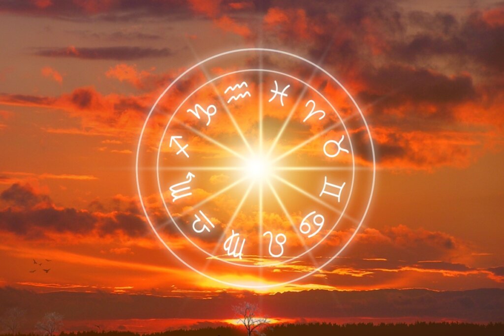 Roda com os 12 signos do zodíaco em fundo de por do sol