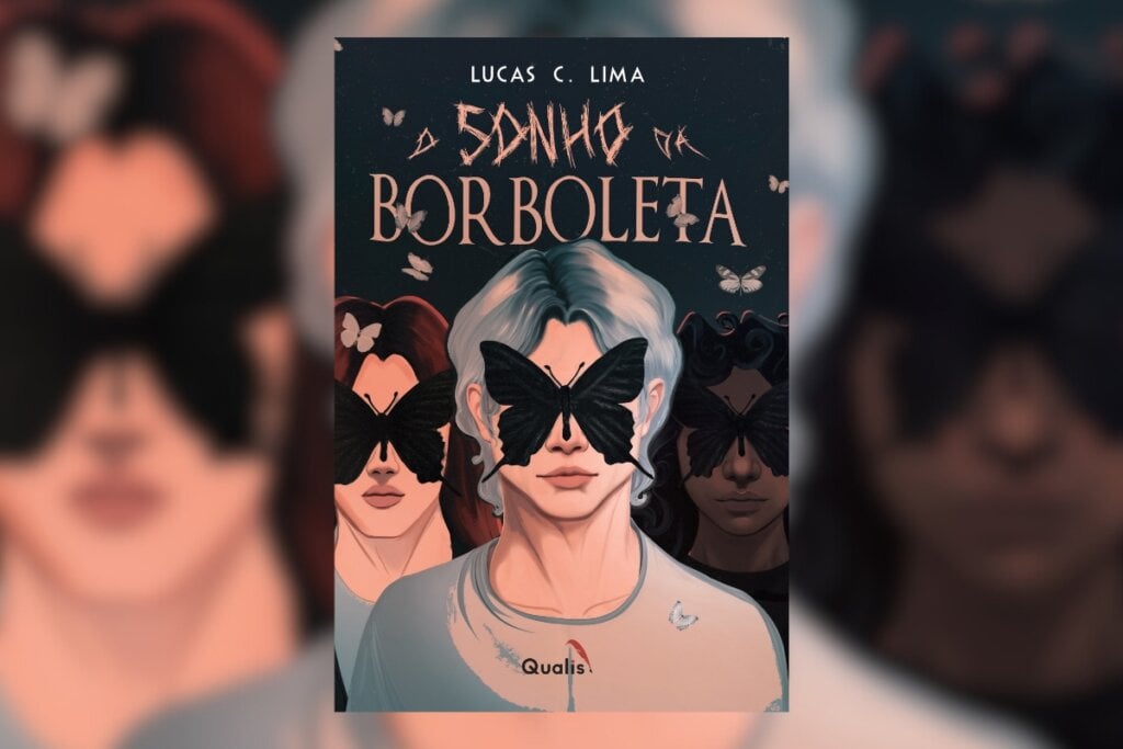 Ilustração de uma mulher com uma borboleta no rosto na capa do livro "O sonho da borboleta"