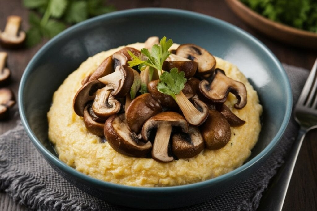 Prato verde com polenta e cogumelos salteados