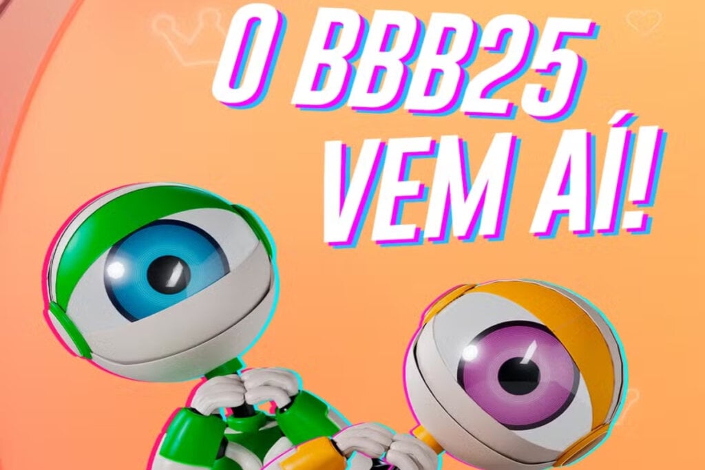 fundo laranja com escrito "o bbb 25 vem aí" e, embaixo, robôs de olhos fazendo coração com as mãos