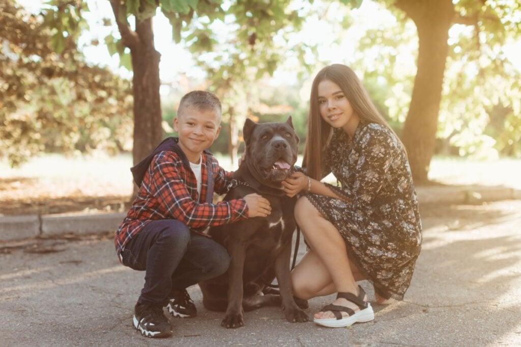 Um menino e uma jovem abraçados com um cachorro da raça cane corso no parque 