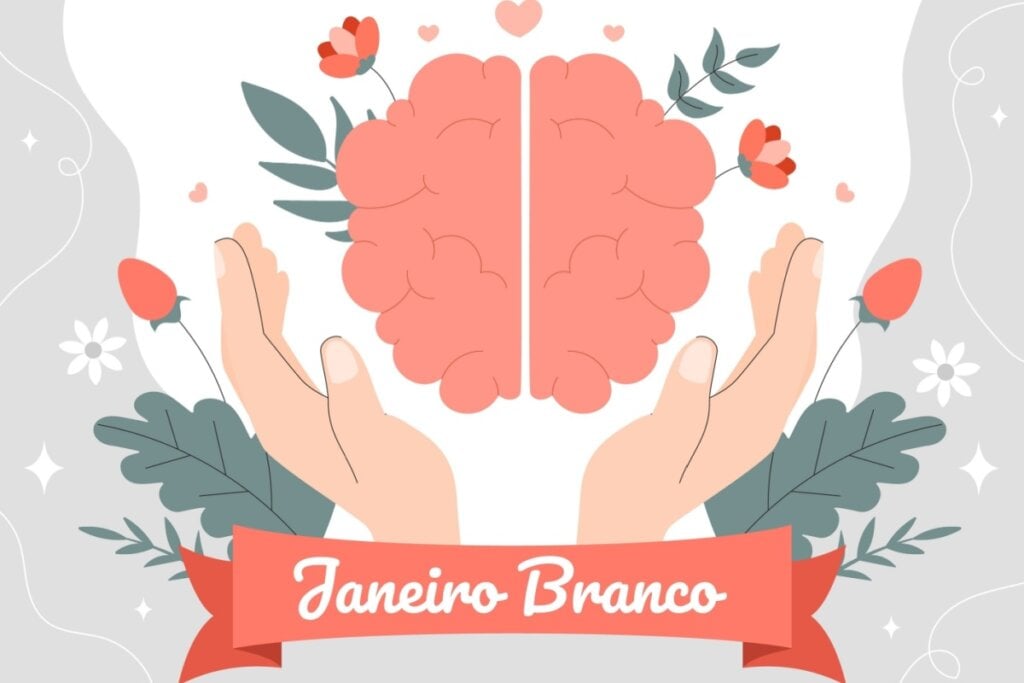 ilusttração de mãos segurando cérebro e flores em volta. embaixo, há fita vermelha com escrito "janeiro branco"