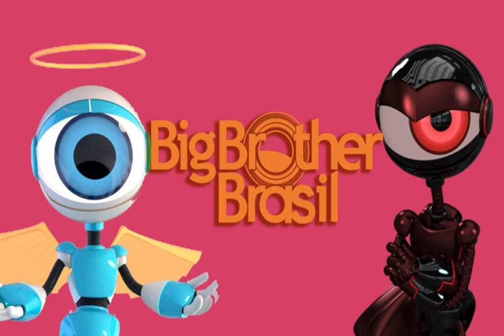 ilustração dos robôs do BBB de monstro e anjo. no centro da imagem está escrito "Big Brother Brasil"